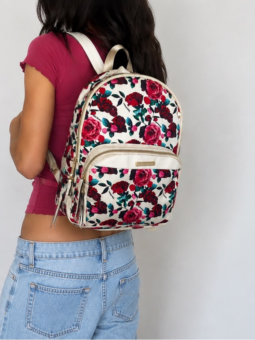 Juicy Couture Rose Pink Red White Backpack Floral Gold Zip Romantic Bookbag Y2K